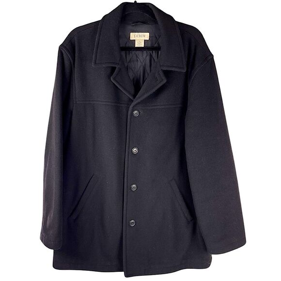 J. Crew Men’s size large solid black Wool Blend button down classic pea coat - Picture 1 of 7